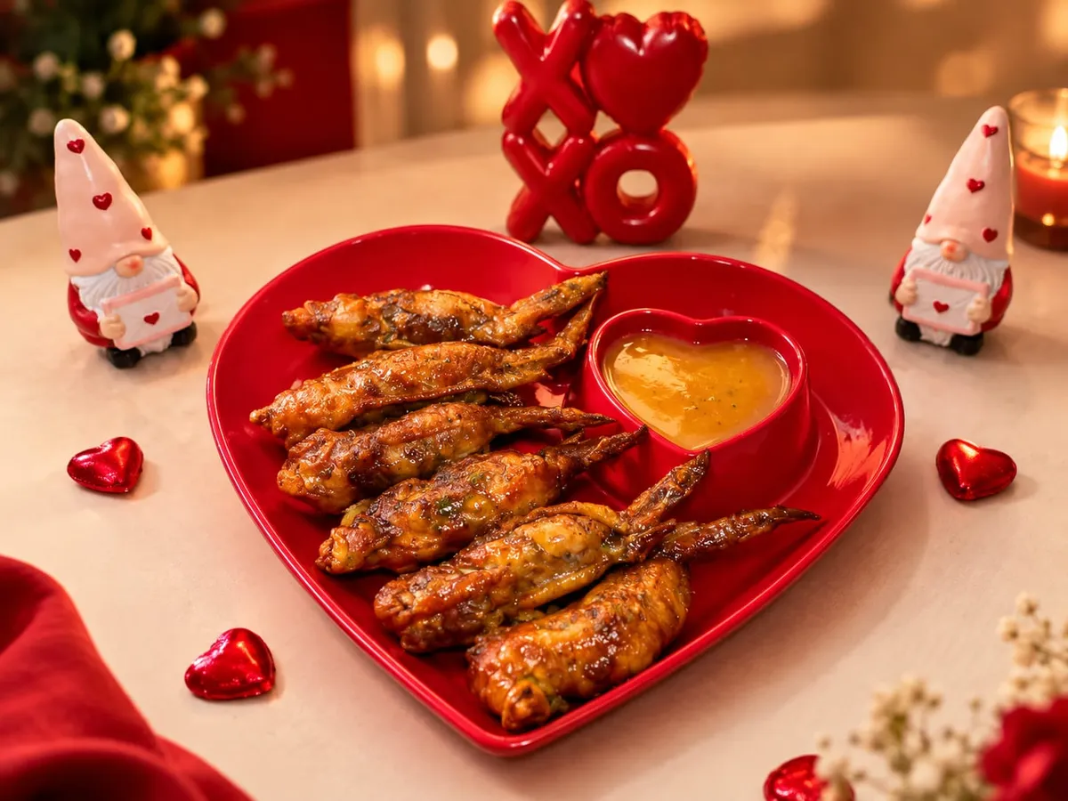 Alitas rellenas en un plato rojo en forma de corazón, con salsa de maracuyá, en una mesa decorada para San Valentín
